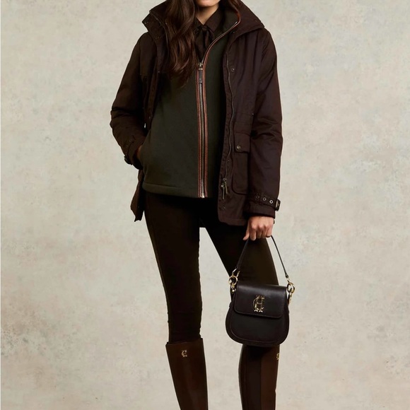 Holland Cooper Country Fleece Jacket - Dark Green with Brown Faux Leather - Picture 3 of 5